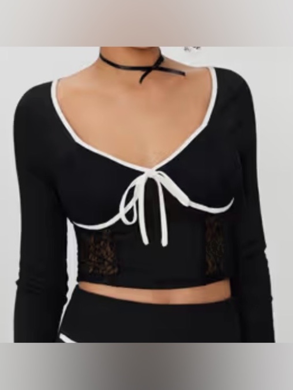 Cider Black Long Sleeve Lace Trim Tie Front Knit Top